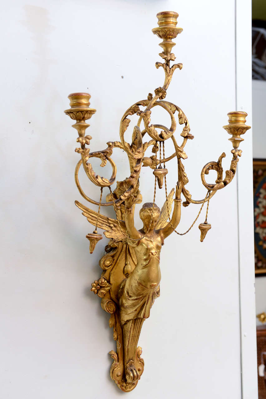 Exceptional Pair of Italian Empire Giltwood Three-Light Wall Appliques For Sale 3