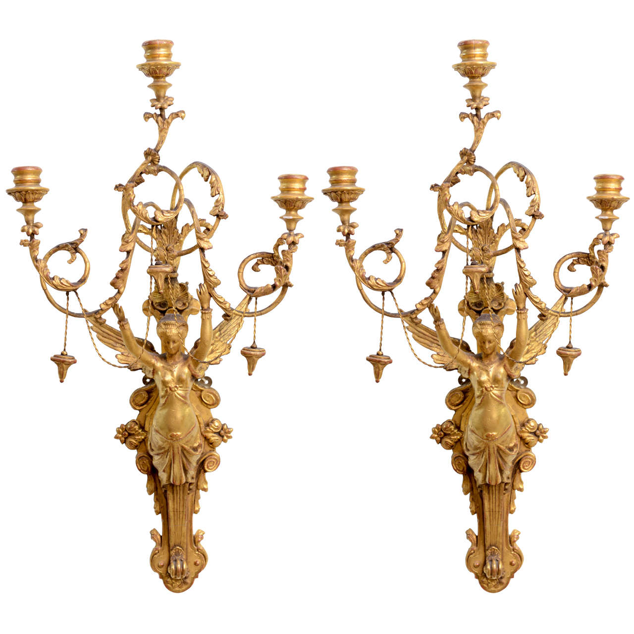 Exceptional Pair of Italian Empire Giltwood Three-Light Wall Appliques For Sale