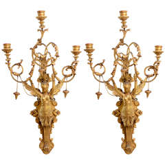 Antique Exceptional Pair of Italian Empire Giltwood Three-Light Wall Appliques