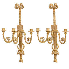Antique Pair of Louis XVI Giltwood Three-Light Wall Appliques, France