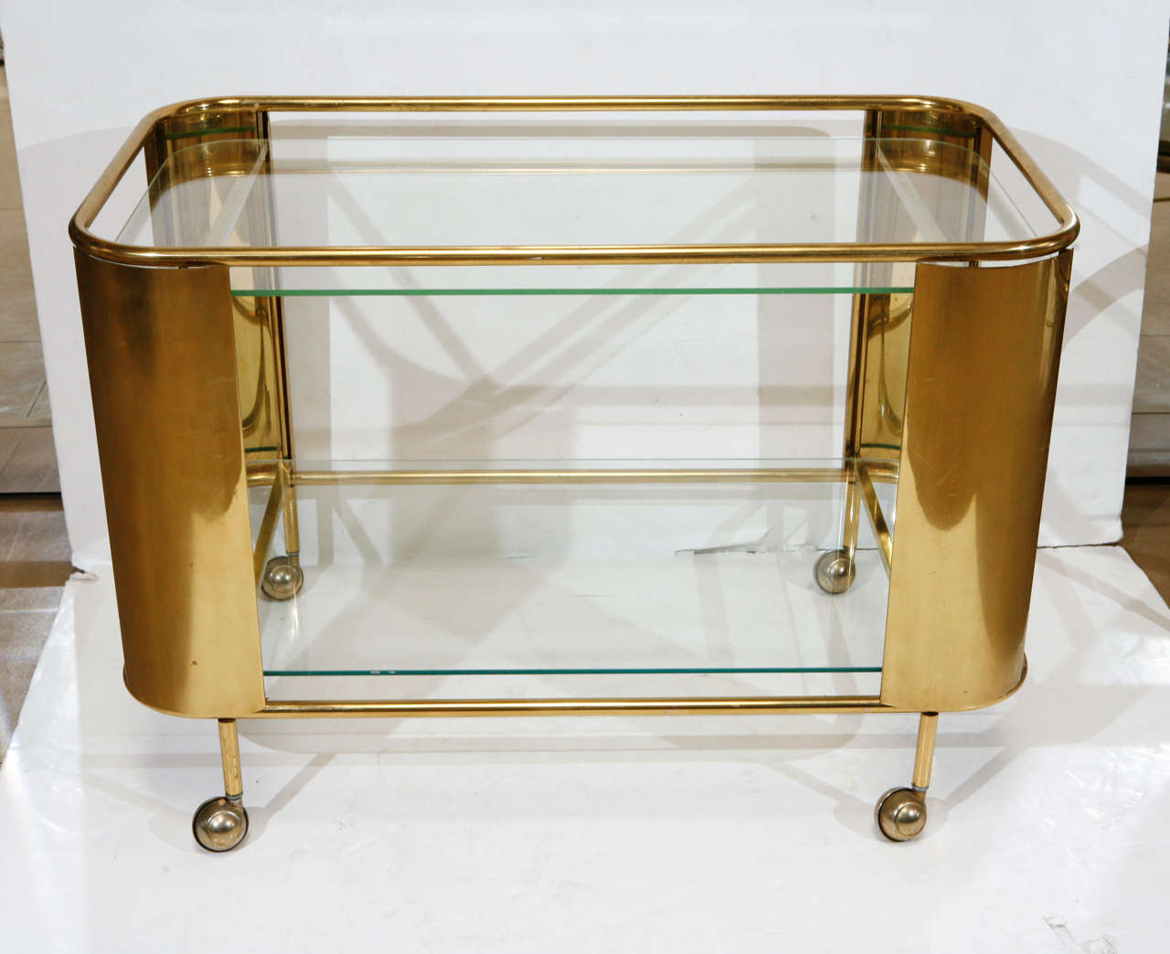Mid Century brass two tiered bar cart.