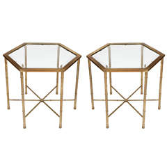 Pair Glass & Brass Hexagonal Mastercraft Tables