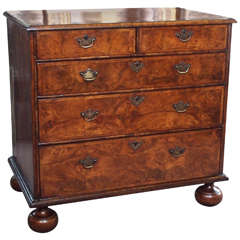 Rare William and Mary walnut chest of 5-drawers -crossbanded - on bun feet.