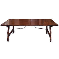 Antique Italian Fruitwood Trestle Table with Iron Stretcher