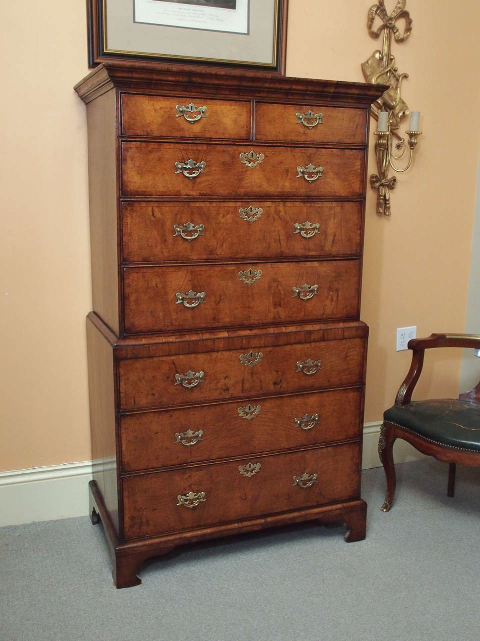 Early 18th century English George I walnut chest-on-chest.  Circa 1725.  Beautiful proportions and patina.