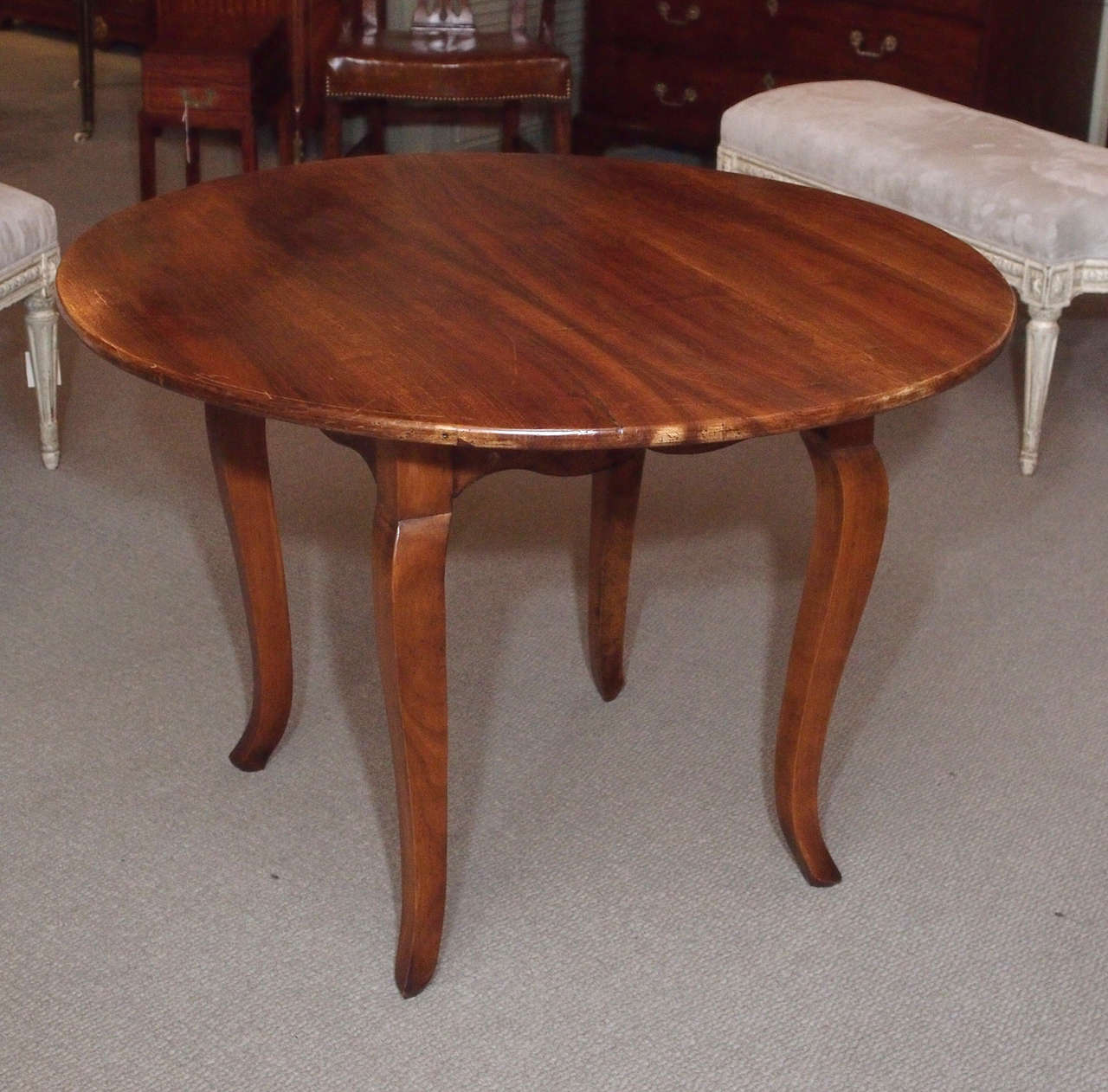 Antique French Provincial Walnut Round Table On Cabriole Legs at