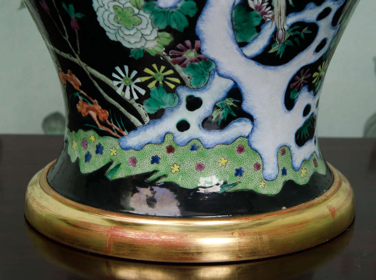 19th Century Chinese Famille Noire Porcelain Lamped Baluster Vase, circa 1850