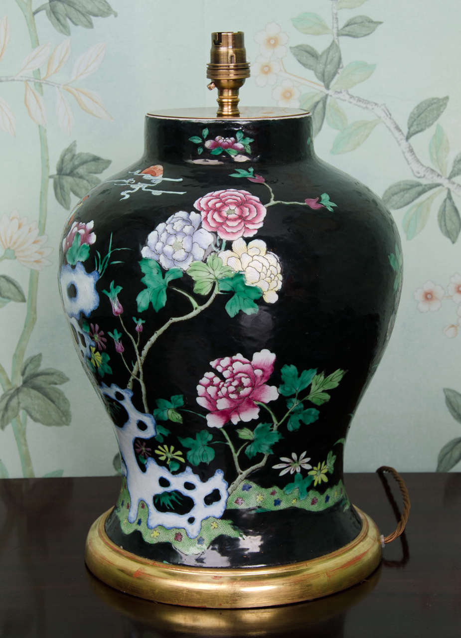 Chinese Famille Noire Porcelain Lamped Baluster Vase, circa 1850 1
