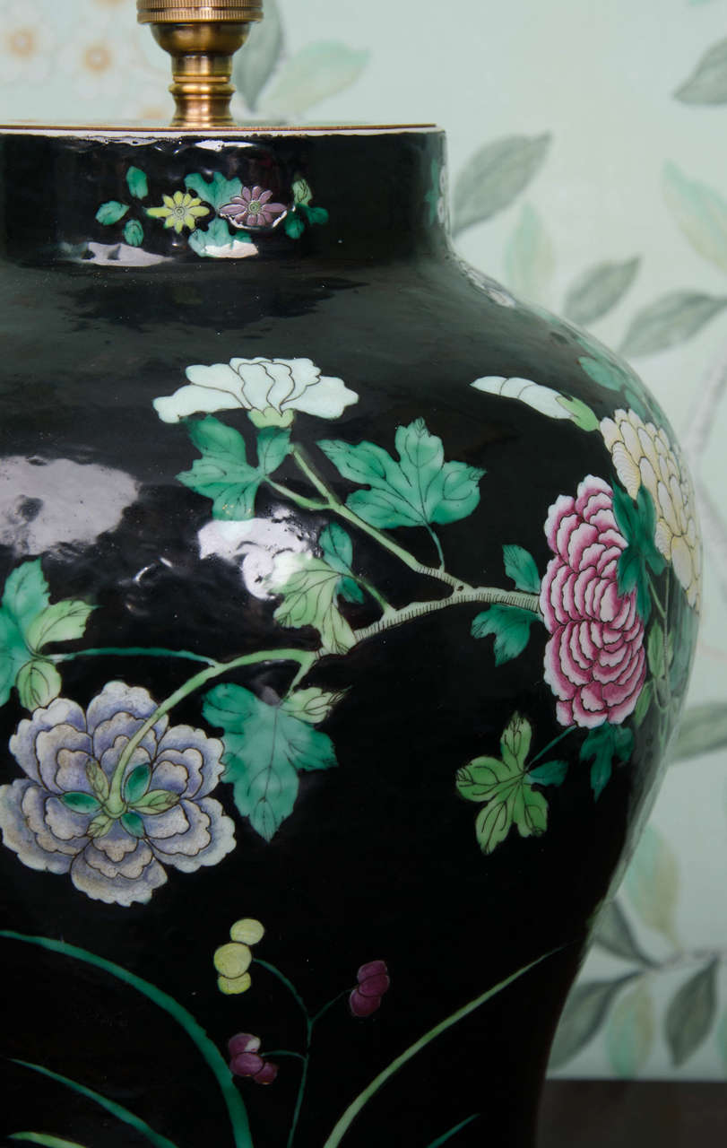 Chinese Famille Noire Porcelain Lamped Baluster Vase, circa 1850 5