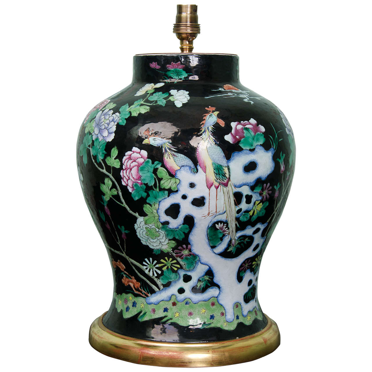 Chinese Famille Noire Porcelain Lamped Baluster Vase, circa 1850