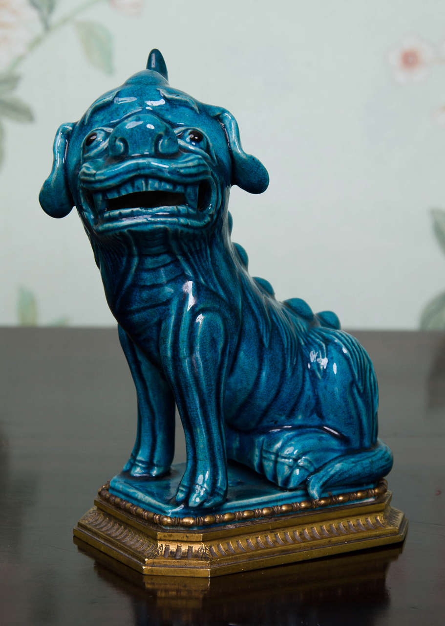 Pair of Chinese Turquoise Glazed Foo Dogs on Ormolu Mounts In Excellent Condition For Sale In London, GB