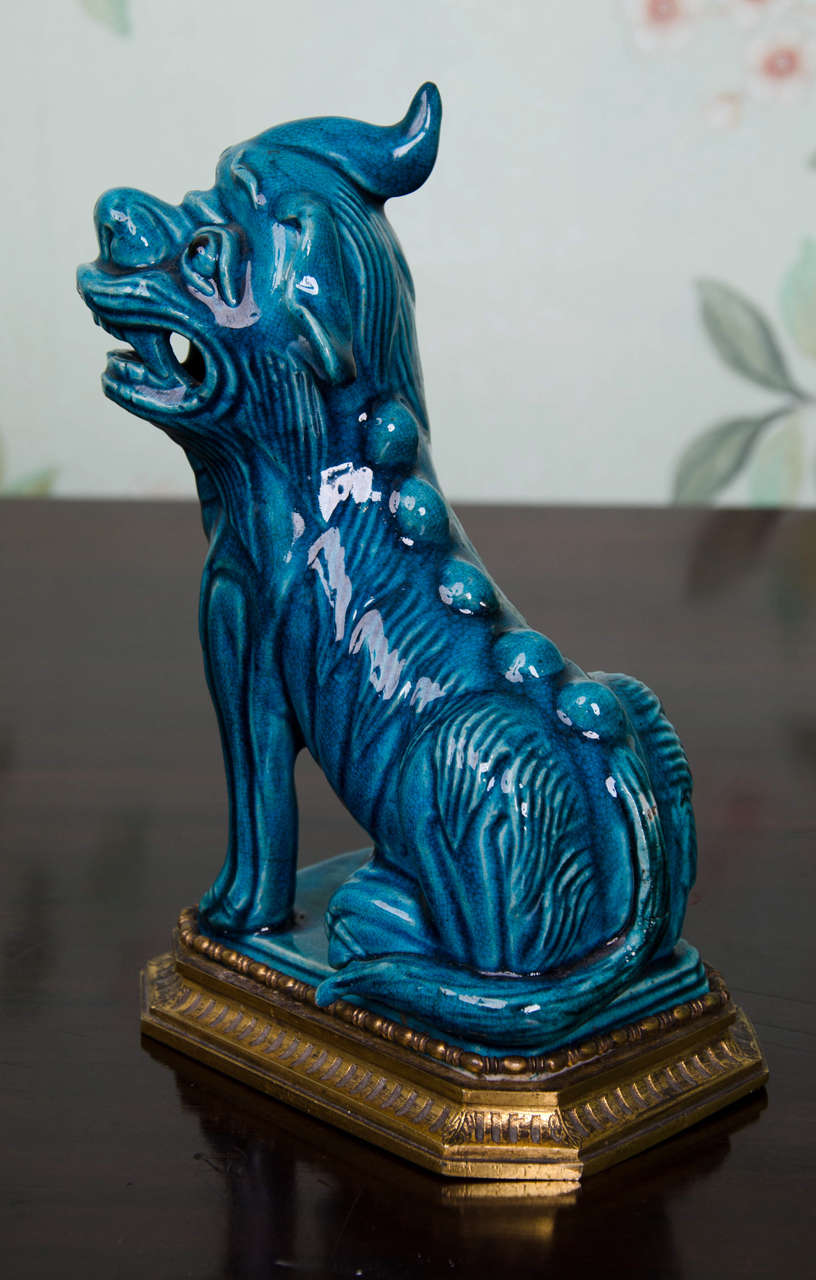 Metal Pair of Chinese Turquoise Glazed Foo Dogs on Ormolu Mounts For Sale