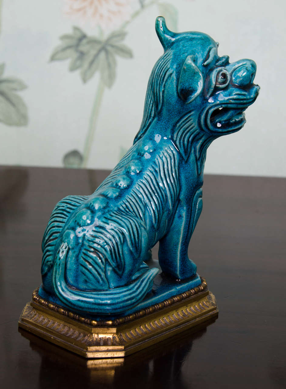 Pair of Chinese Turquoise Glazed Foo Dogs on Ormolu Mounts For Sale 5