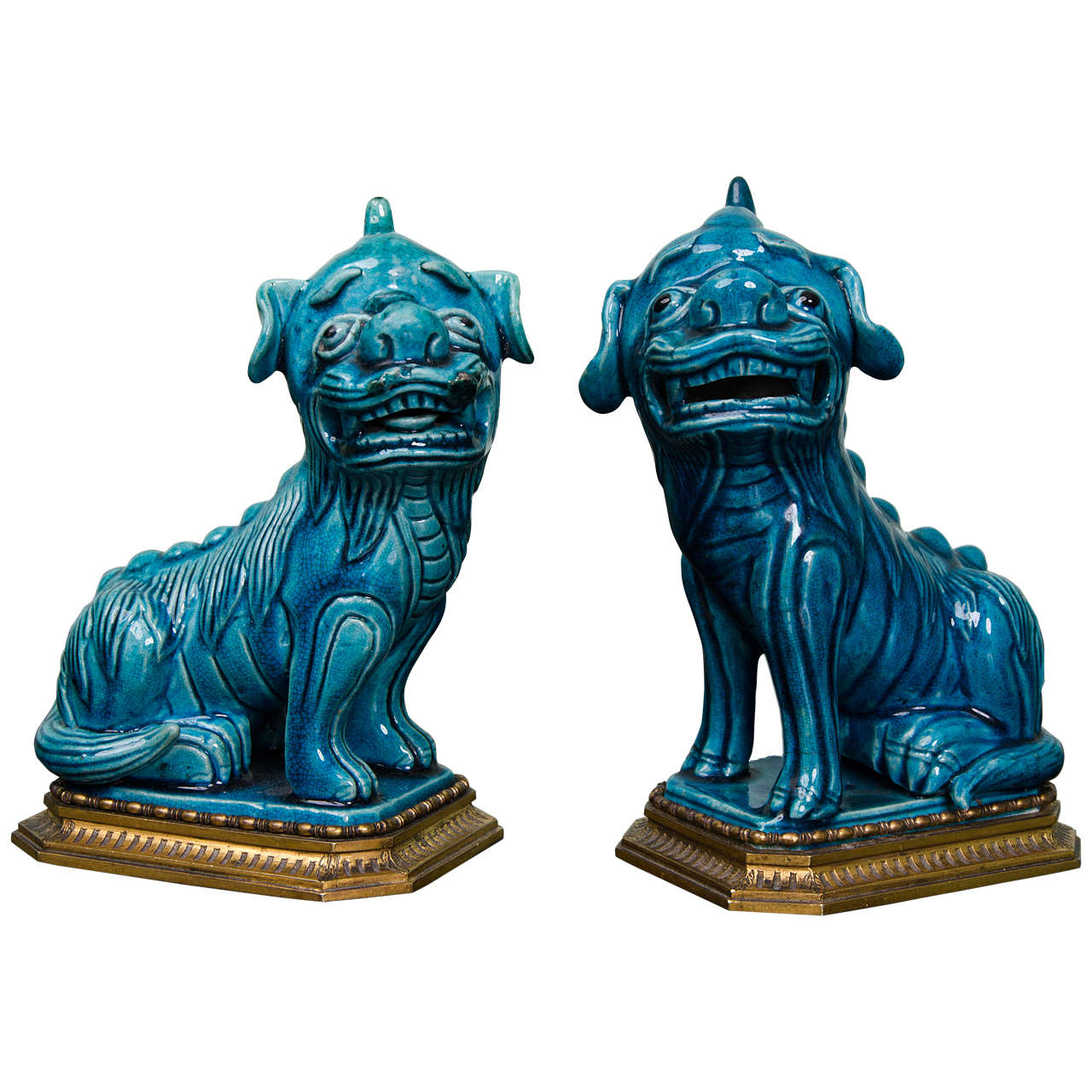 Pair of Chinese Turquoise Glazed Foo Dogs on Ormolu Mounts For Sale