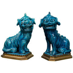 Antique Pair of Chinese Turquoise Glazed Foo Dogs on Ormolu Mounts