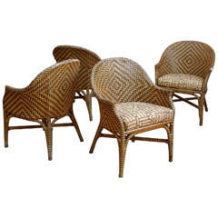 Woven Leather Chairs with Kuba Cloth Seats