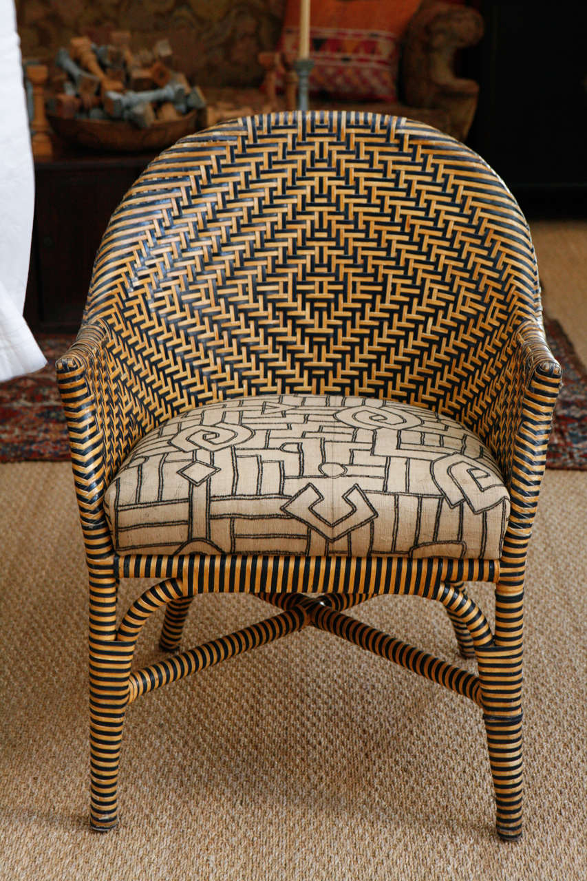 American Woven Leather Chairs with Kuba Cloth Seats