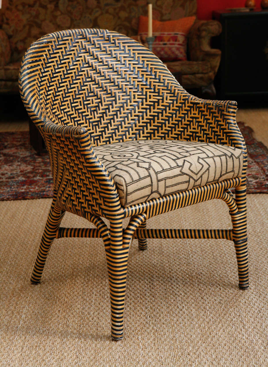 Woven Leather Chairs with Kuba Cloth Seats 1