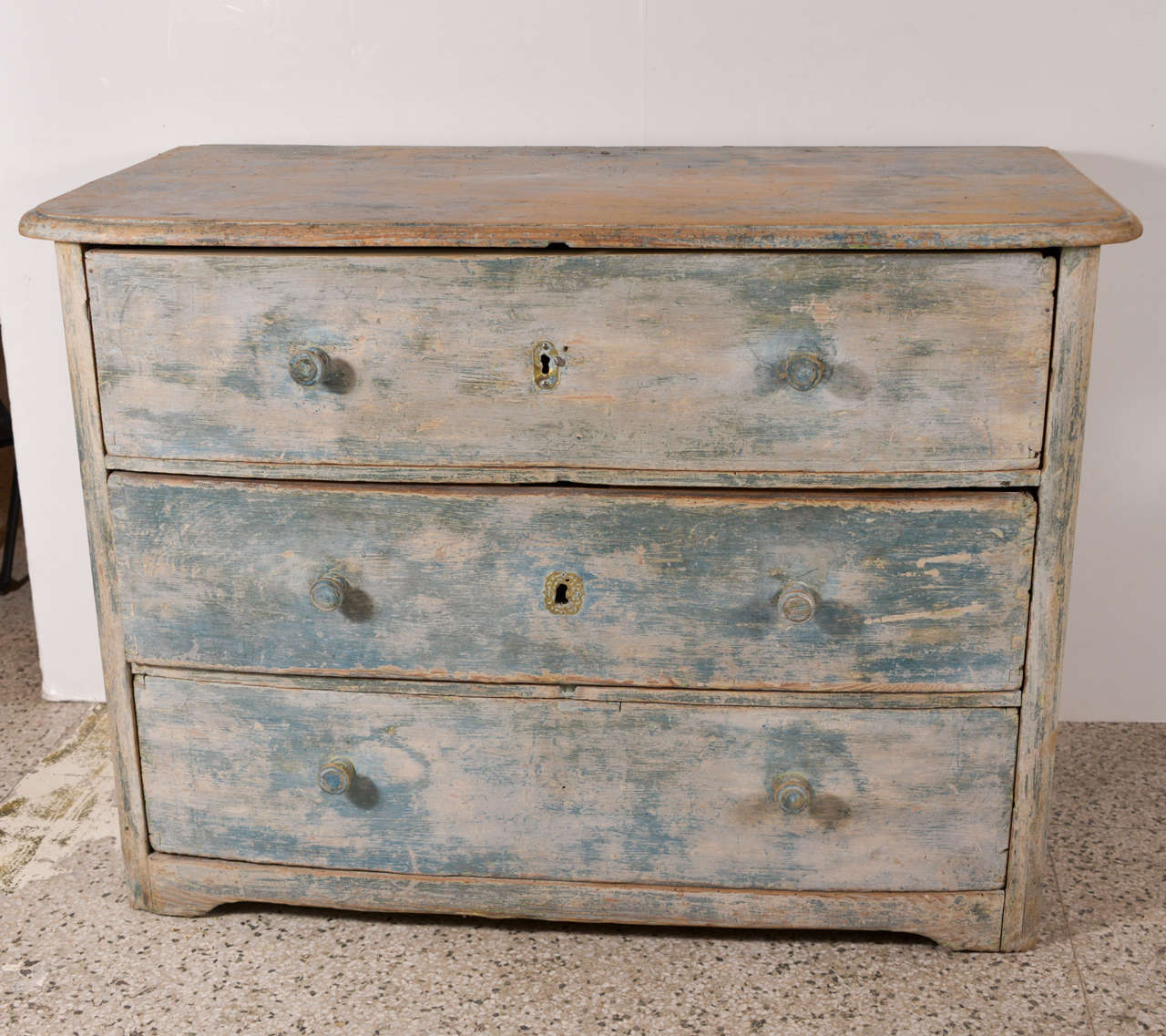 Three-drawer painted Swedish commode. Scraped to original paint.