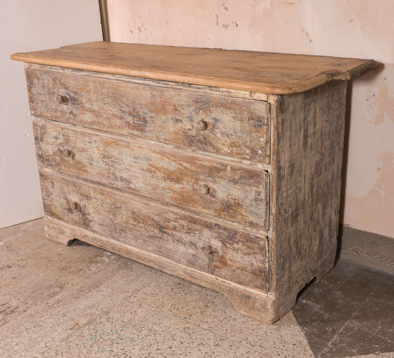 18th c. French commode, traces of original paint, with oak top. South of France.