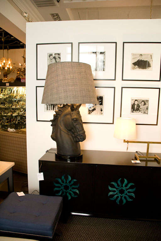 Custom horse head lamp in a black gesso finish and wool plaid lamp shade.