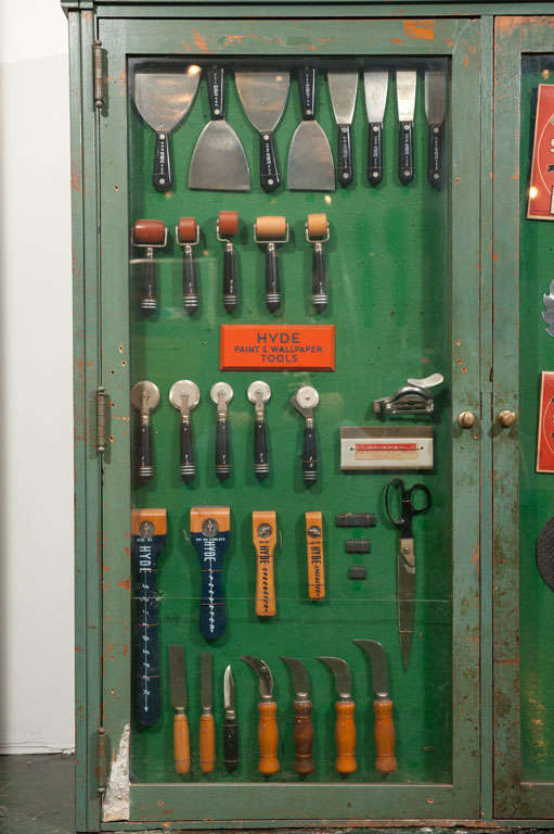 Hardware store storage with shadowbox display doors at 1stDibs