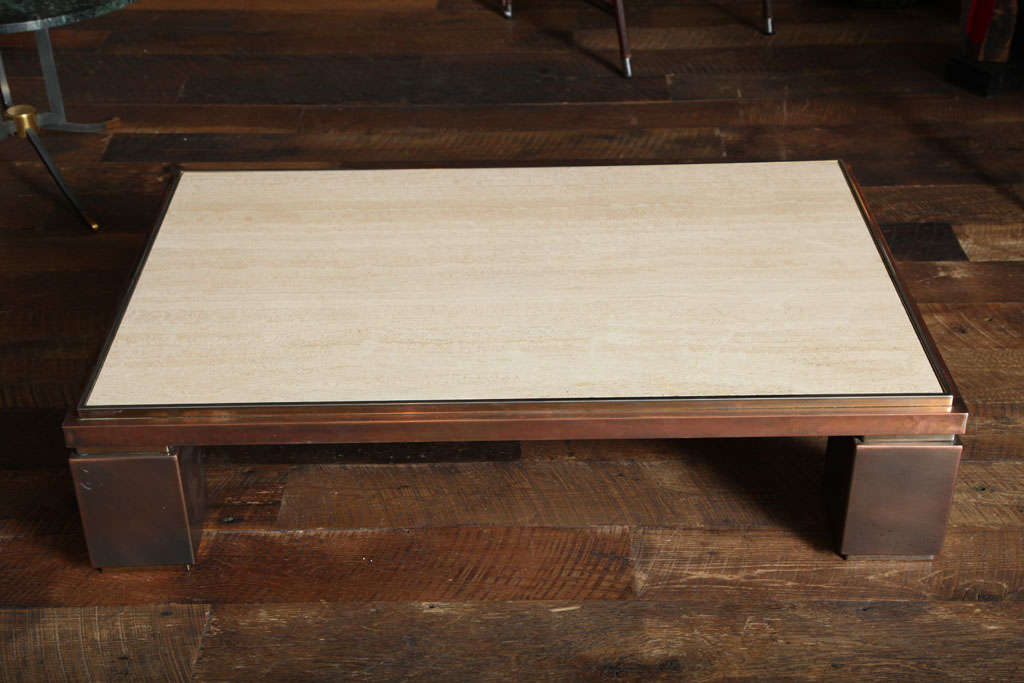 Polished Nickel, Gilt & Red Brass Coffee Table with Travertine Top