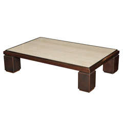 Polished Nickel, Gilt & Red Brass Coffee Table with Travertine Top