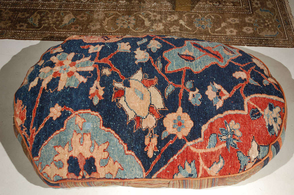 Antique Persian rug floor pillow with leather trim