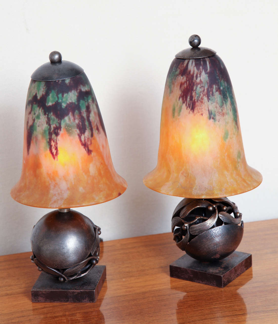 Glass Pair of Edgar Brandt & Daum Art Deco Table Lamps For Sale