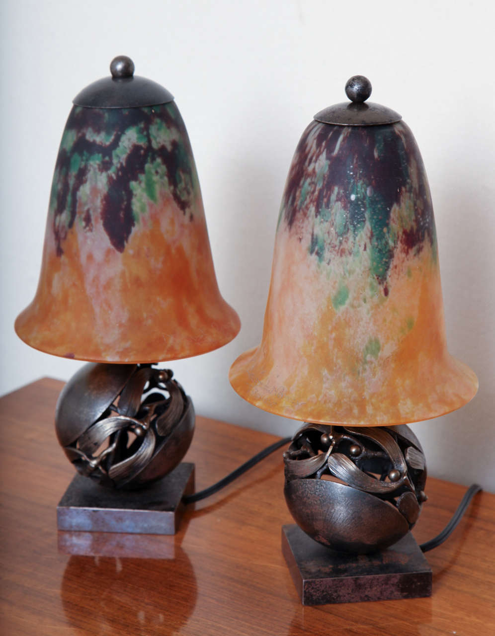 Pair of Edgar Brandt & Daum Art Deco Table Lamps For Sale 3