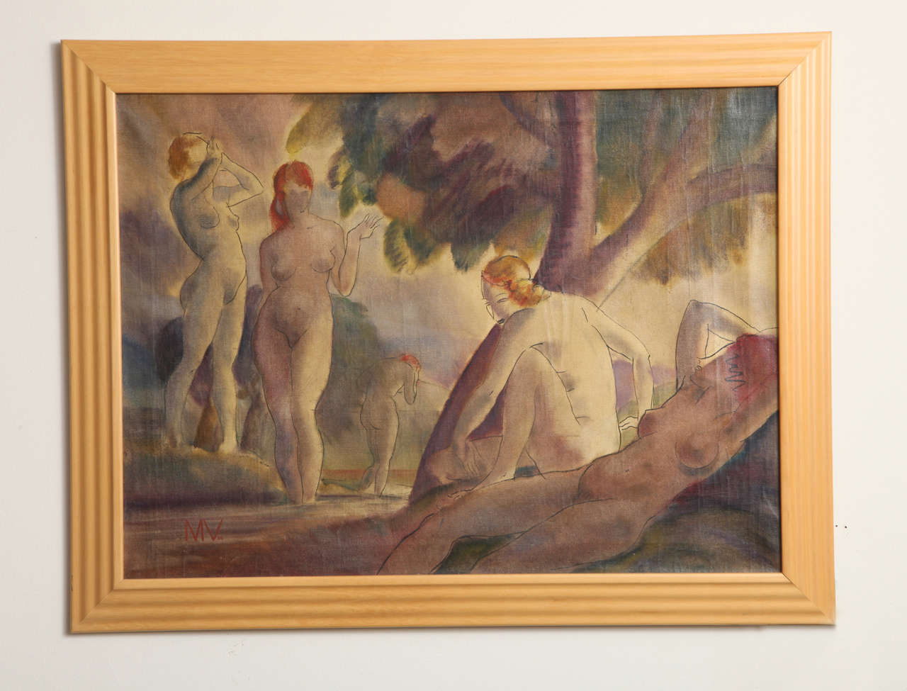 Composition mixte sur toile avec des nus se baignant, signée des initiales en bas à gauche MV et datée 1938. Mesures : 22 ½ x 30 ½ po.