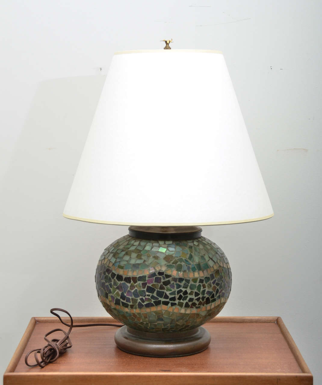 Glass mosaic table lamp with brass fittings, wired for US with brown silk cord. Shade is not included.