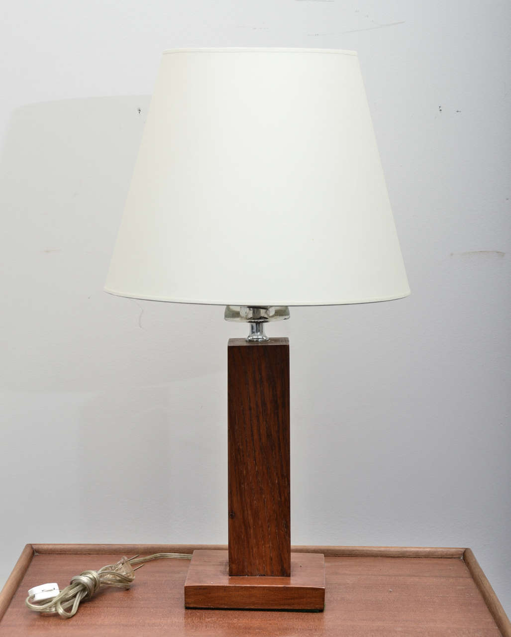 Pair of square oak table lamps with polished nickel fittings and 