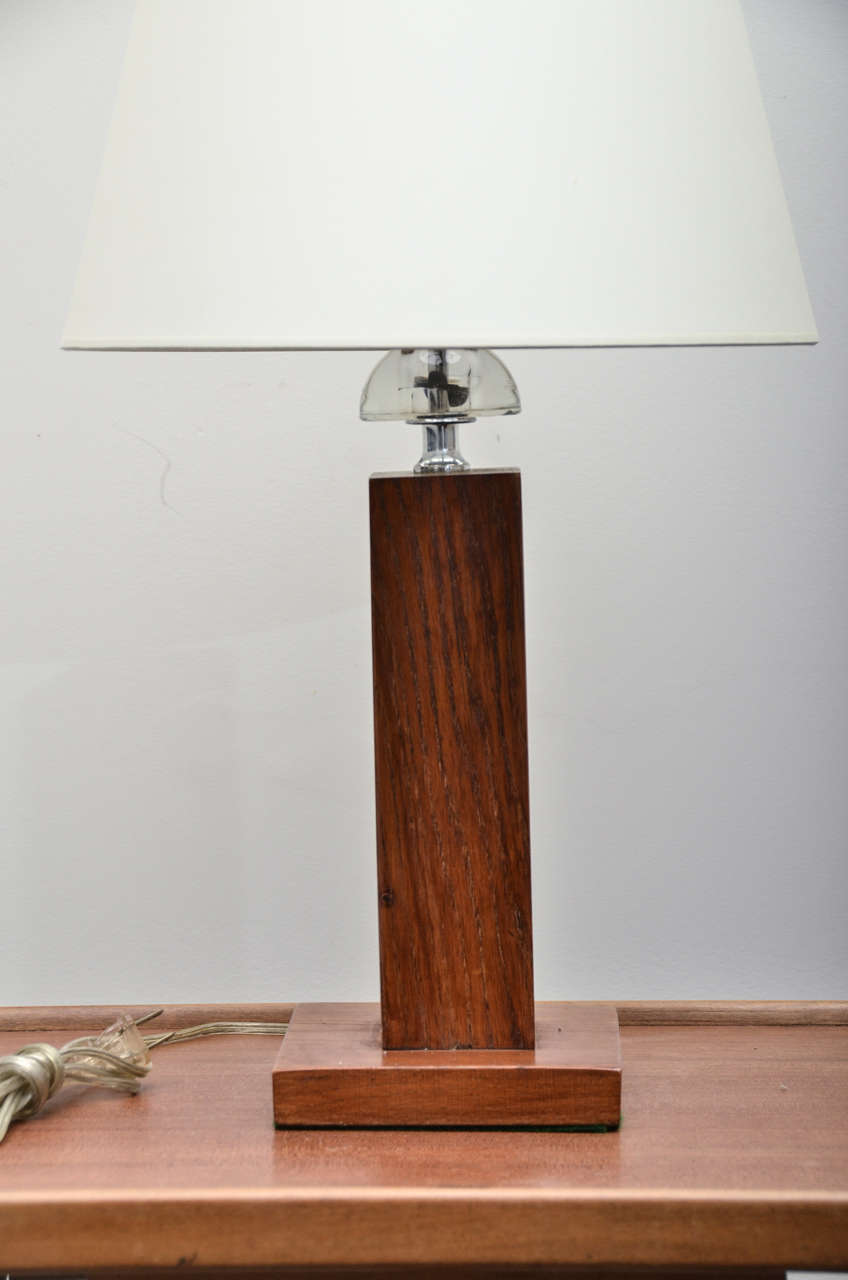 Pair of Square Oak Table Lamps with Half-Moon Glass Detail In Excellent Condition In New York City, NY