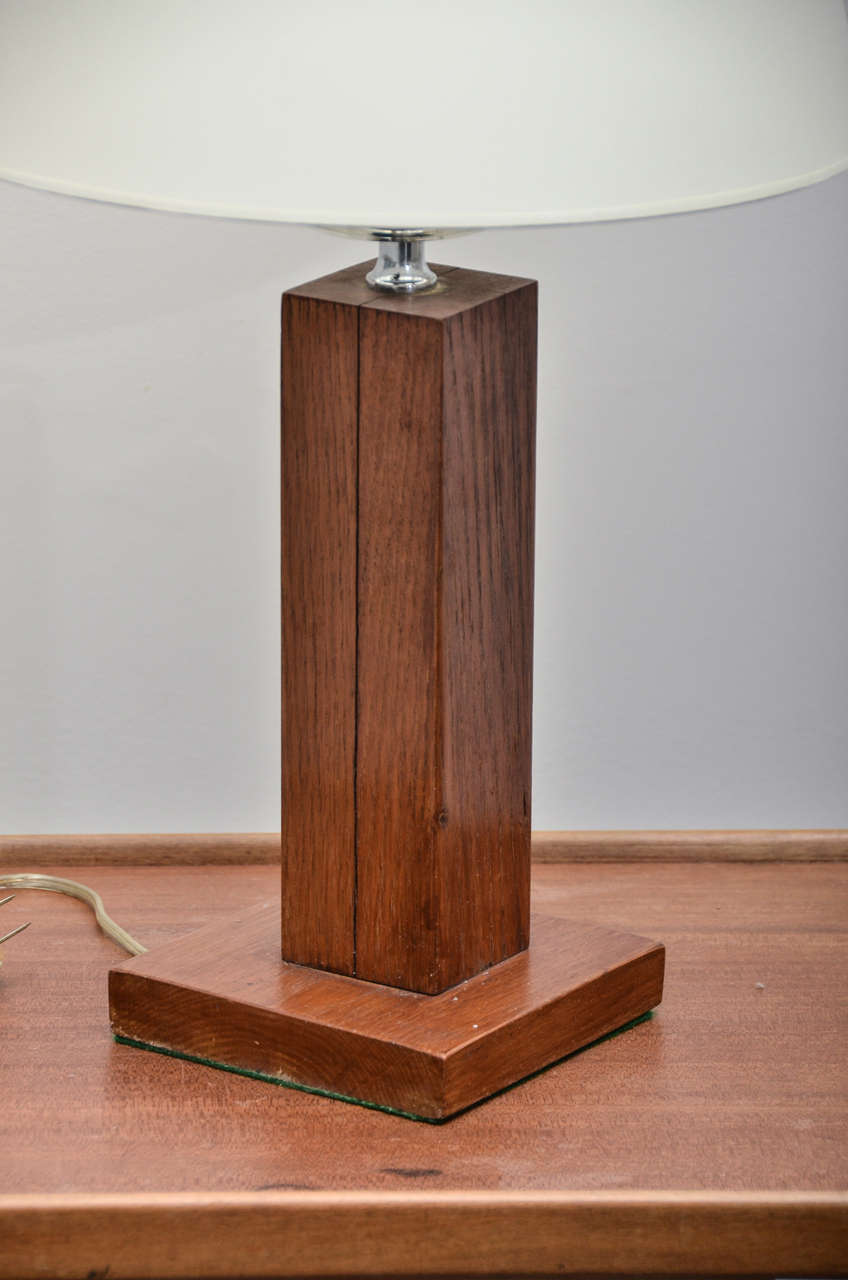 20th Century Pair of Square Oak Table Lamps with Half-Moon Glass Detail
