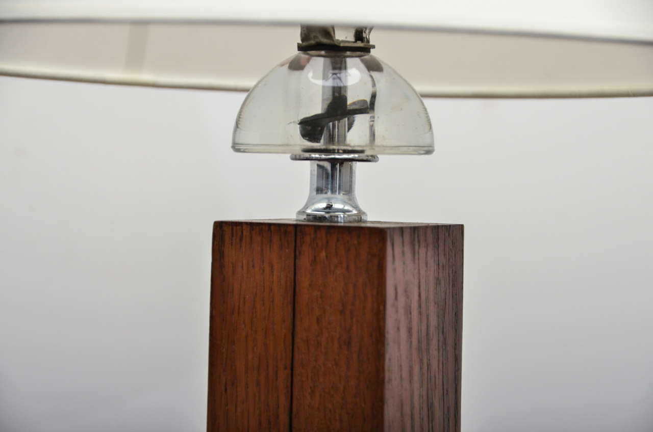 Pair of Square Oak Table Lamps with Half-Moon Glass Detail 1