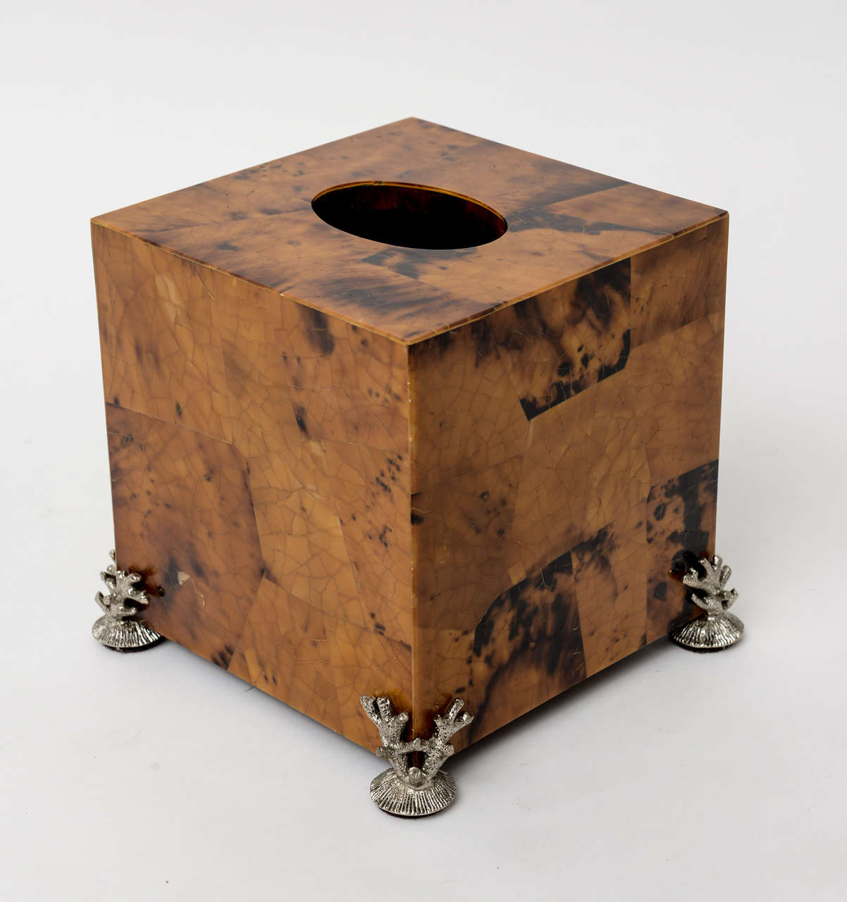 Penshell Tissue Box Holder with Silvered Coral Mounts