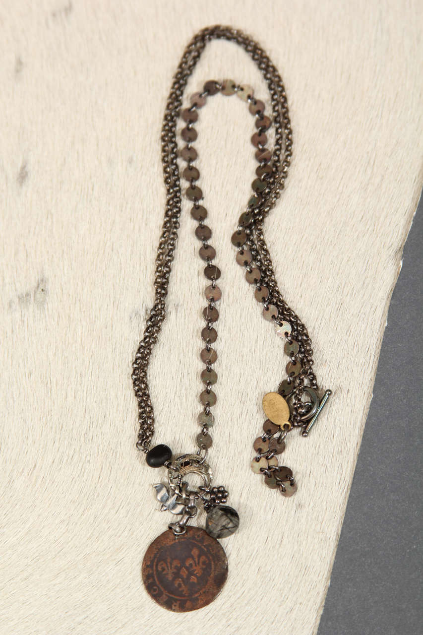 necklace of vintage chain with sterling, onyx and rutilated quartz featuring a c. 1640 French coin from Ille St. Louise, Paris