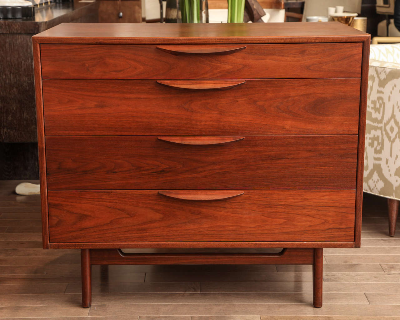 Walnut four-drawer chest with hinged pullout drawer by Jens Risom, circa 1950.