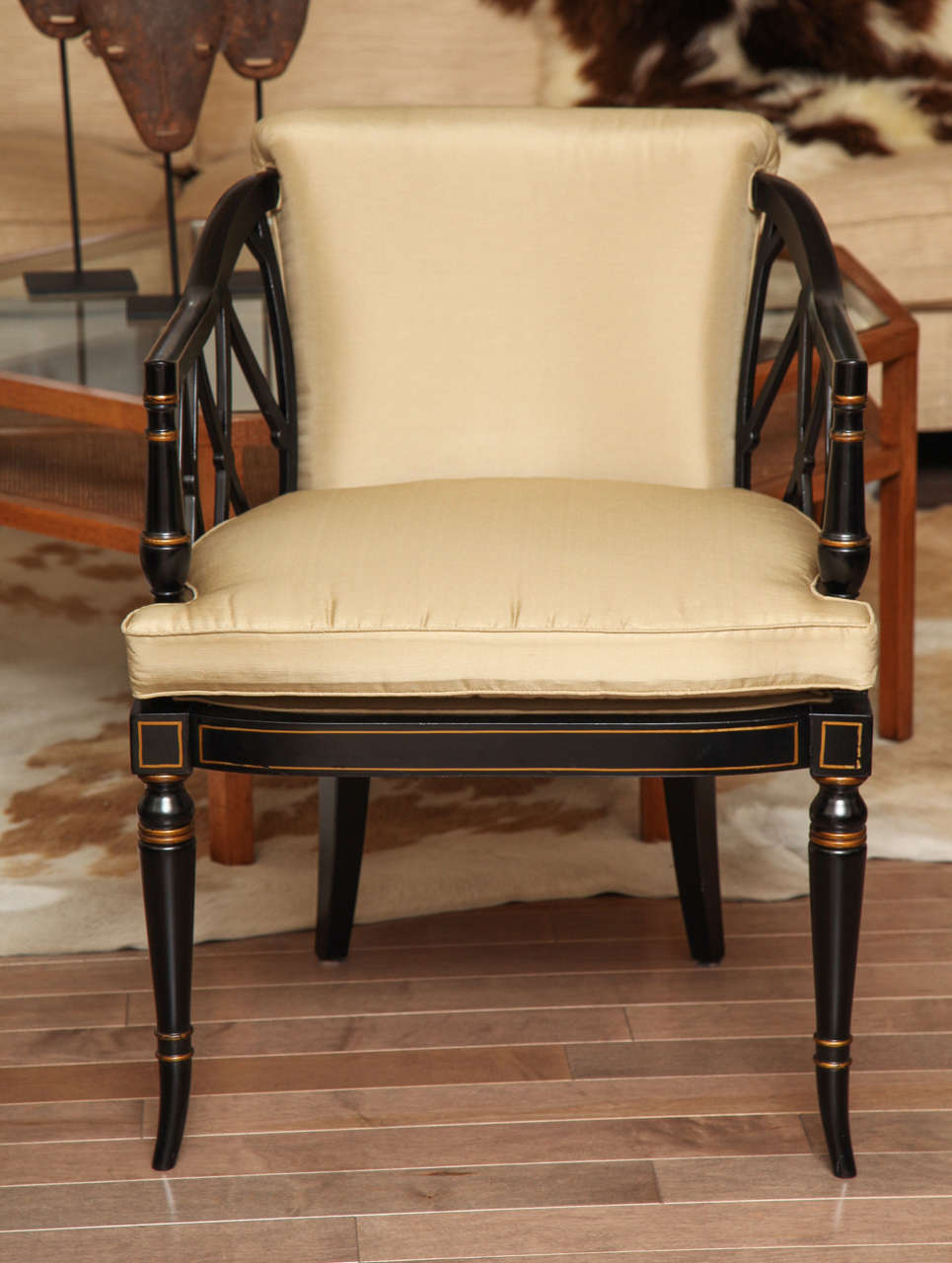 Pair of Black Painted Chairs with Gold Details, circa 1950s 3