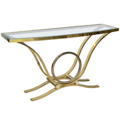 American Modern Brass and Chrome, Glass Top Console Table by Steven Chase