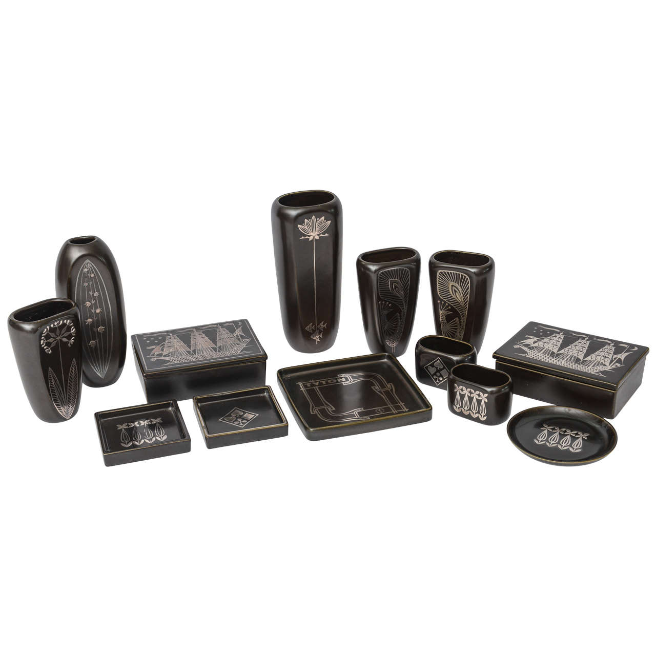 Collection of Gustavsberg "Argenta" Ceramics in Black Glaze with Silver Inlay For Sale