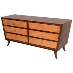 Vintage French Modern Mahogany and Leather Front Six-Drawer Chest Attributed Adnet