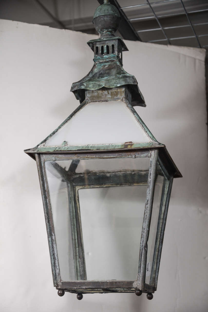 19th century English copper lantern with interesting top, circa 1890. Beautiful weathered patina.