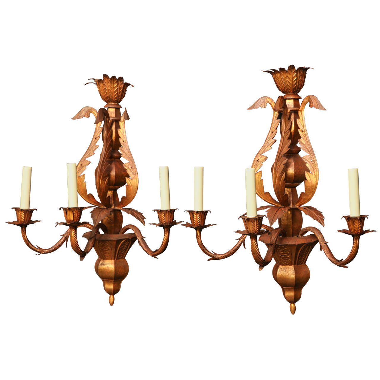 Gilded Tole, Three-Light Sconces For Sale