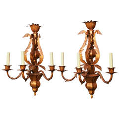 Gilded Tole, Three-Light Sconces