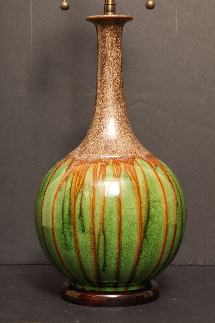 Chinese Pair of Brown and Green Long Neck Gourd Shaped Glazed Pottery Lamps For Sale