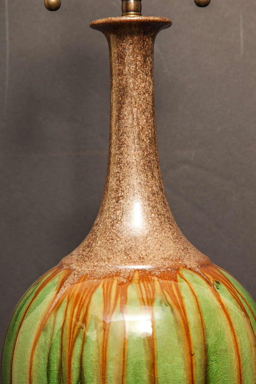 Contemporary Pair of Brown and Green Long Neck Gourd Shaped Glazed Pottery Lamps For Sale