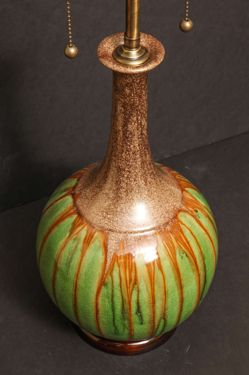 Pair of Brown and Green Long Neck Gourd Shaped Glazed Pottery Lamps For Sale 2